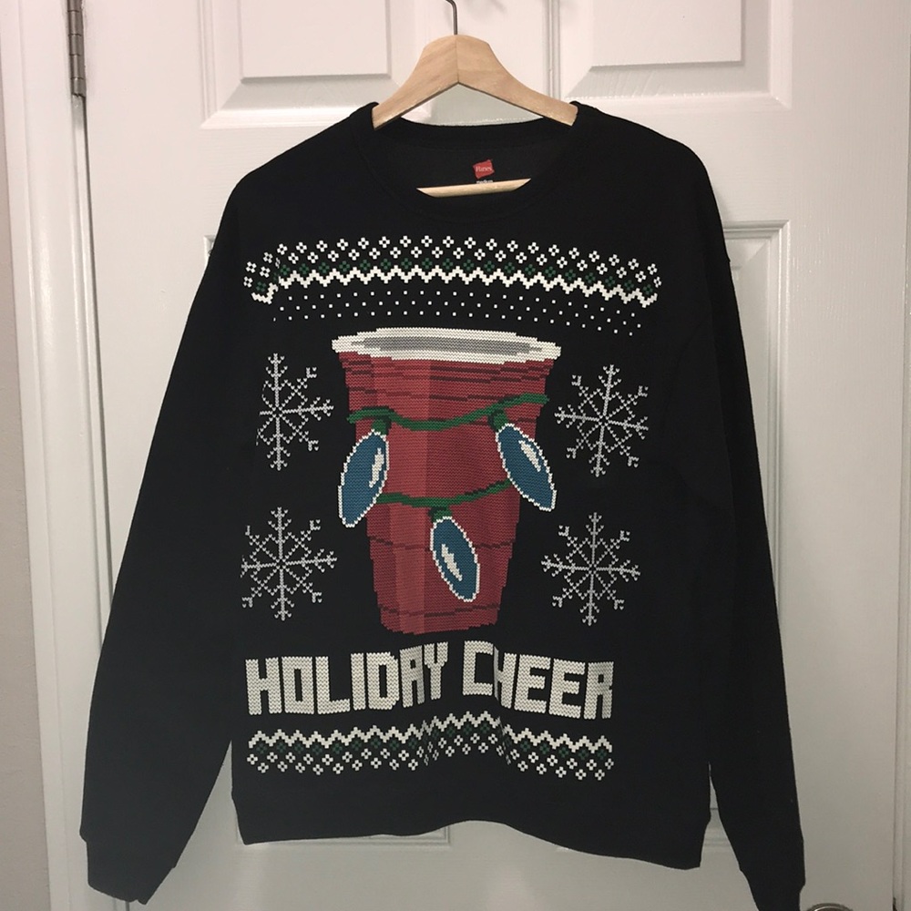 HANES MENS UGLY SWEATER “HOLIDAY CHEER” size medium in black eco smart fleece